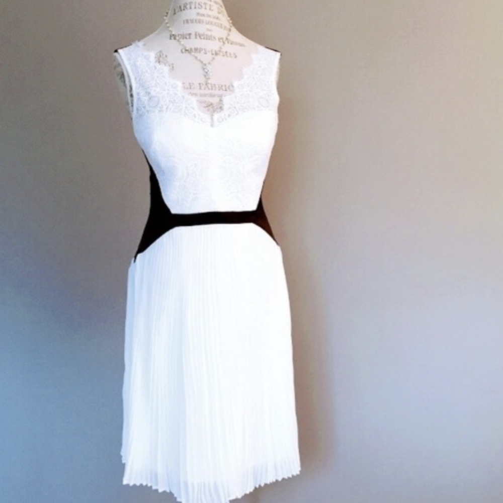 Black & White Lace Pleated Cocktail Party Dress Colorblock Slimming Max & Cleo S
